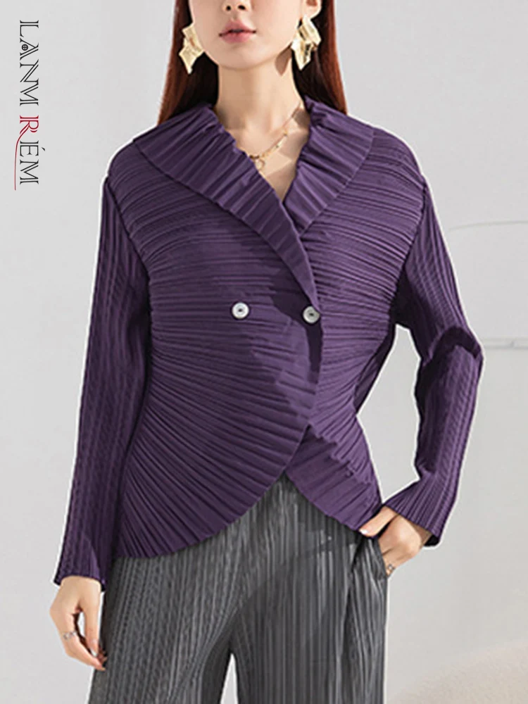 

LANMREM Solid Pleated Shirt For Women Lapel Long Sleeve Button Casual Loose Irregular Top Female Elegant 2024 Spring 2L2218