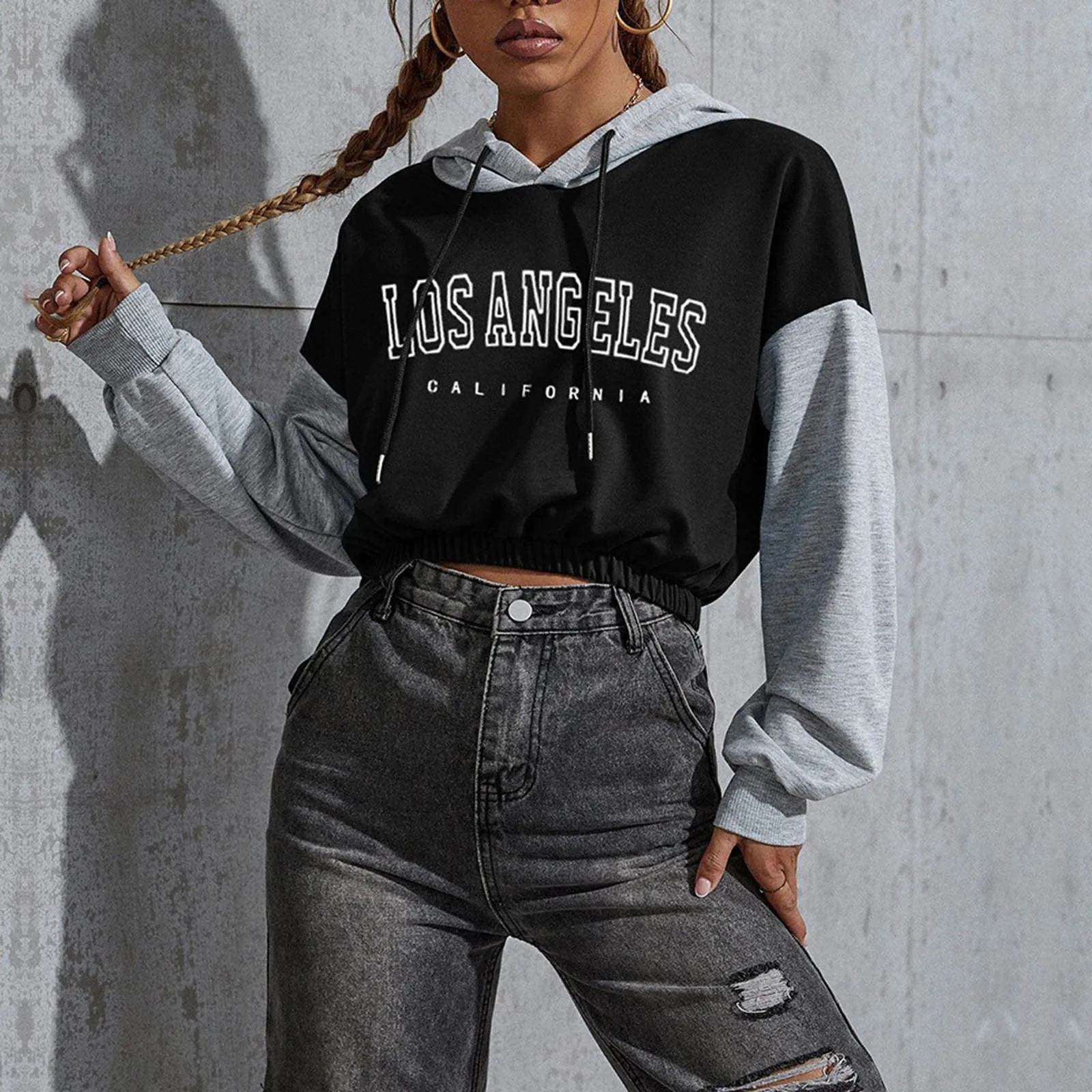 

Women Colorblock Letter Graphic Hoodie Loose Long-Sleeve Crop Top European American Style Pullover Y2k Kpop Sweatshirt Fall 2023