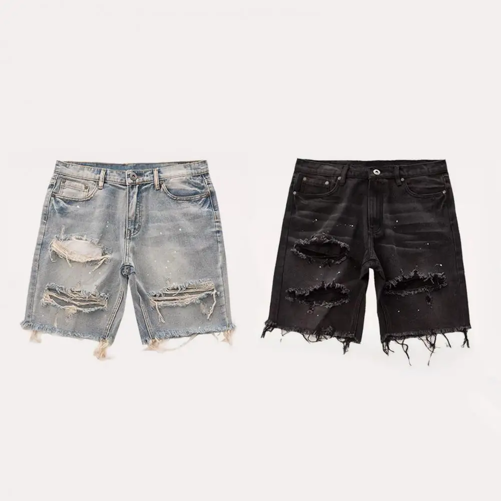 Men Summer Distressed Denim Shorts Button Zipper Fly Multi Pockets Short Jeans Straight Fit Ripped Holes Knee Length Distressed 6