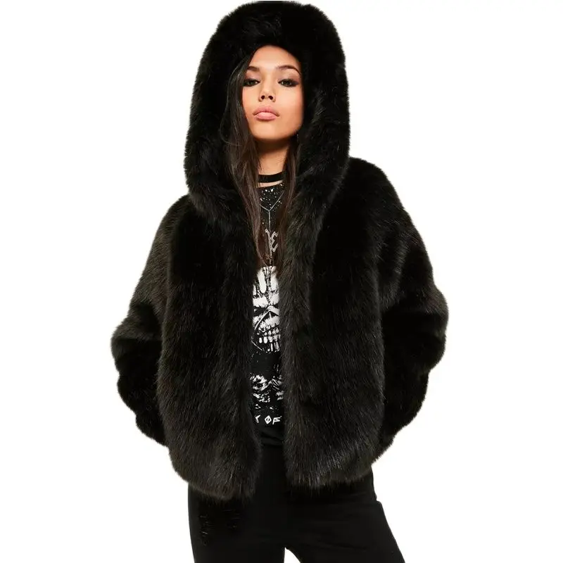 

2022 New Winter Women Short Elegant Black Faux Fur Coat Hooded Female Thick Warm Fluffy Artificial Fur Coat Pink Jacket