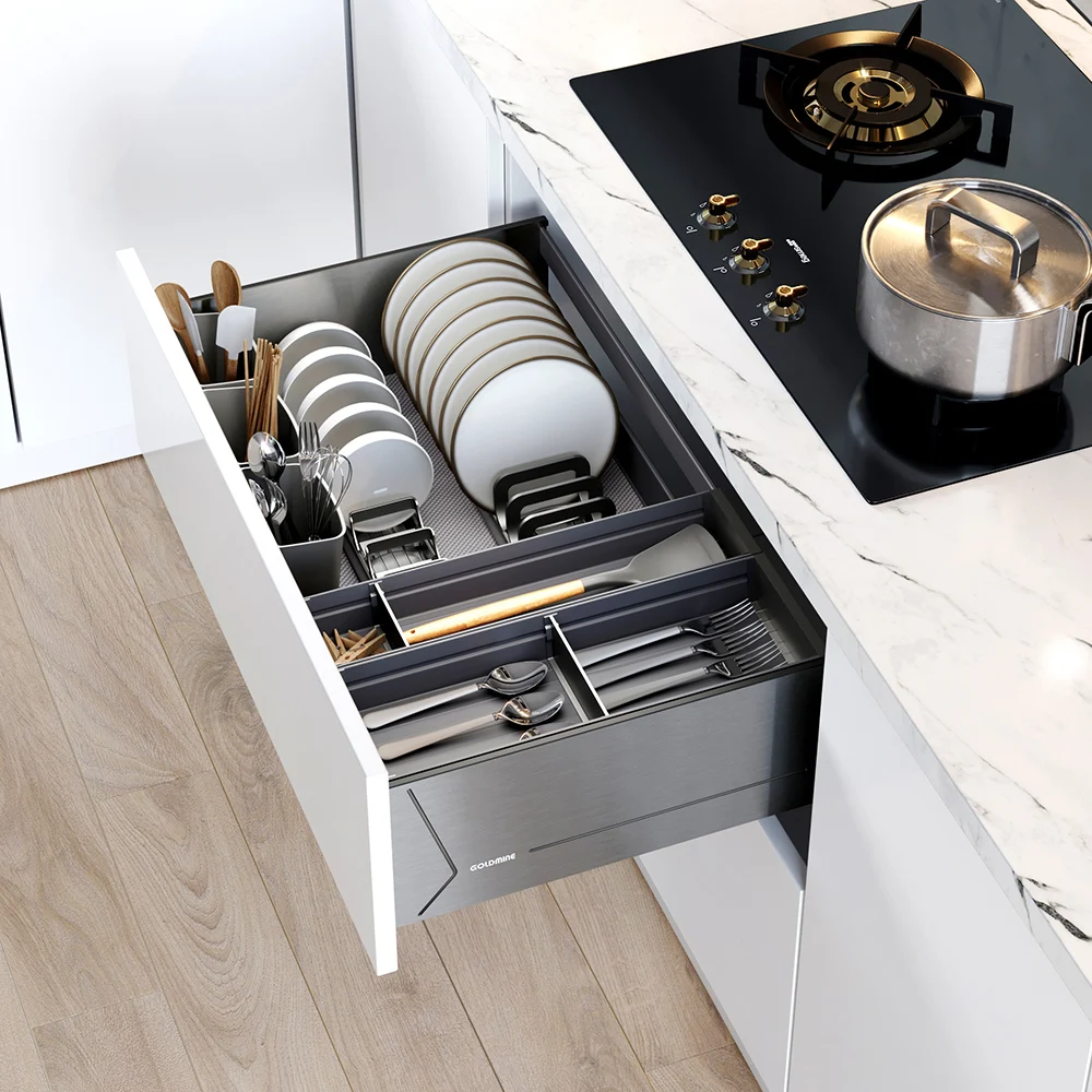 Goldmine Aluminum Slide Out Cabinet Organizers Deep Tableware Pullout Storage Basket High End Dishes Cabinet Pull Out Drawers