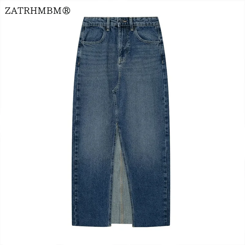 

ZATRHMBM Women 2023 Autumn Fashion Slit Design Denim Midi Skirt Vintage Side Pockets Zipper Fly High-Waisted Female Skirts Mujer