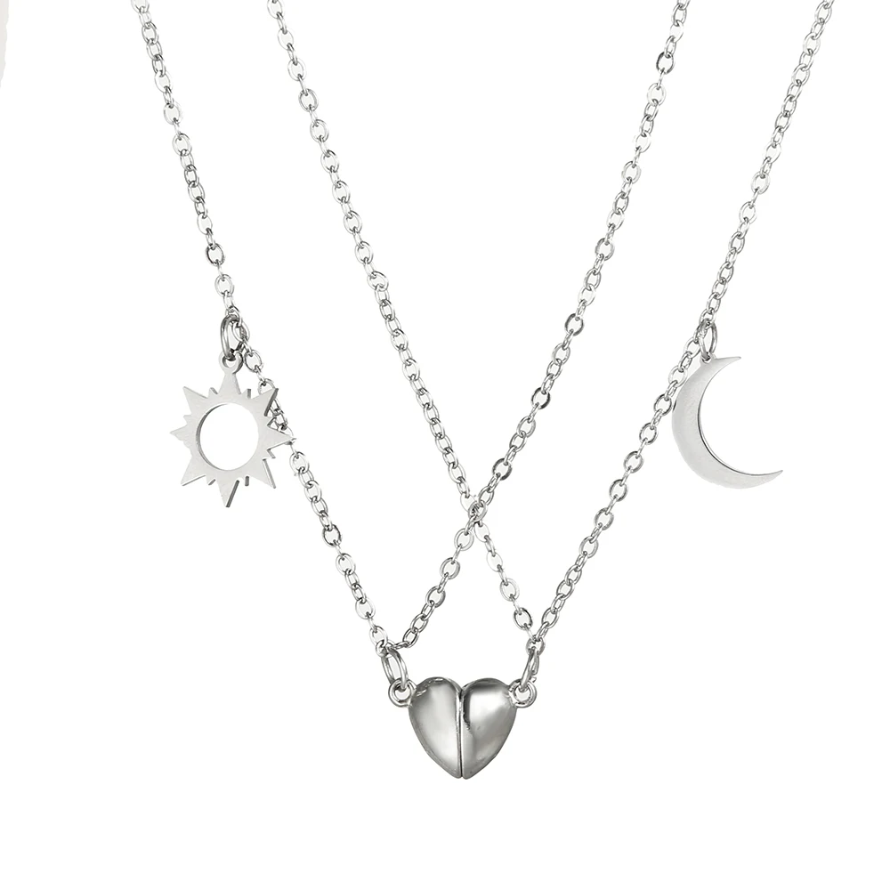 

2Pcs Magnetic Heart Couple Necklace For Women Valentine's Day Stainless Steel Chain Sun Moon Pendant Necklace For Best Friends
