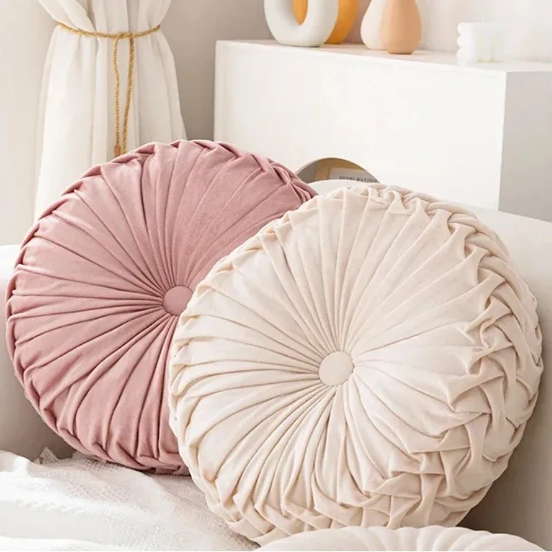 Round Pleated Throw Pillow Soft Velvet Decorative Plush Round