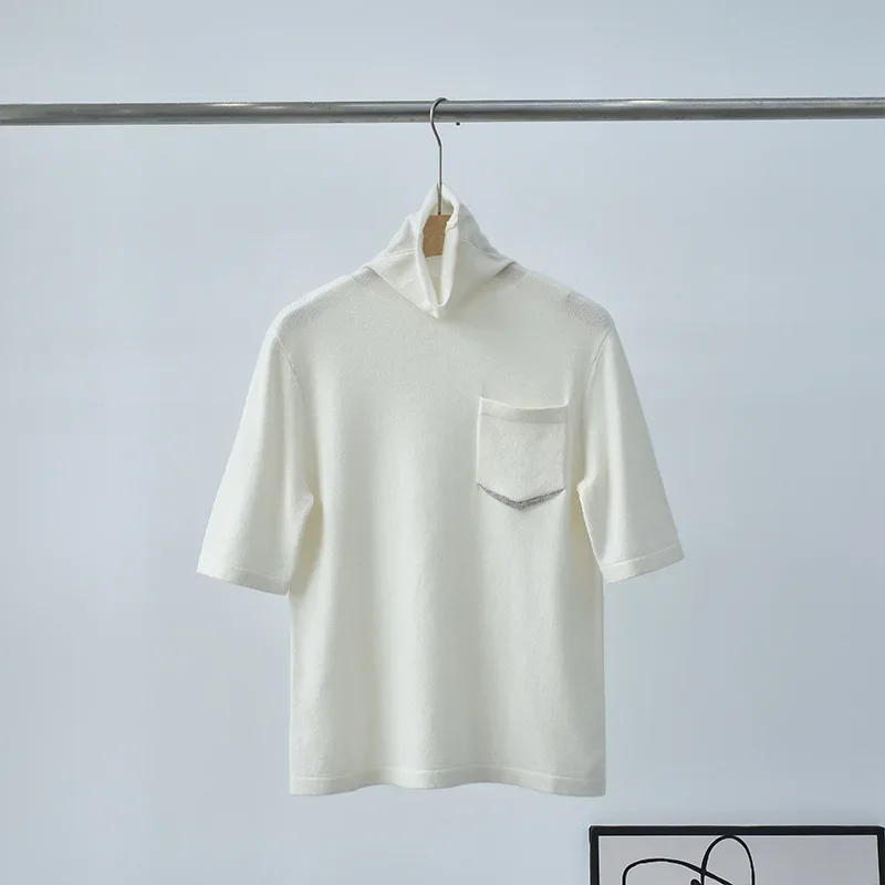 

New Early Autumn 100% Cashmere Sweater Women Turtleneck Pocket Bead Chain Half-sleeved Knitted Bottoming Top