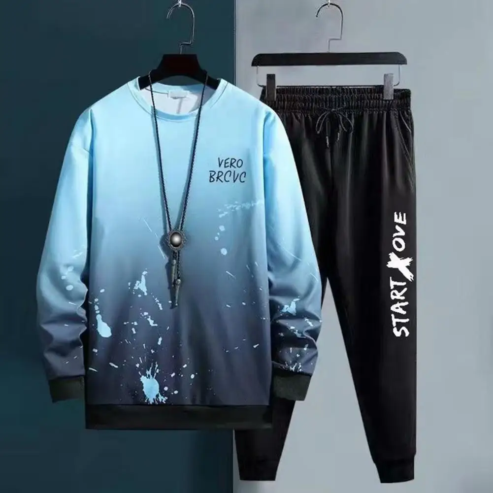 

2 Pcs/Set Men Tracksuit Set Spring Fall Sweatshirt Pants Set Tie-dye Men Workout Outfit Elastic Cuff Letter Print Soft Sports Su