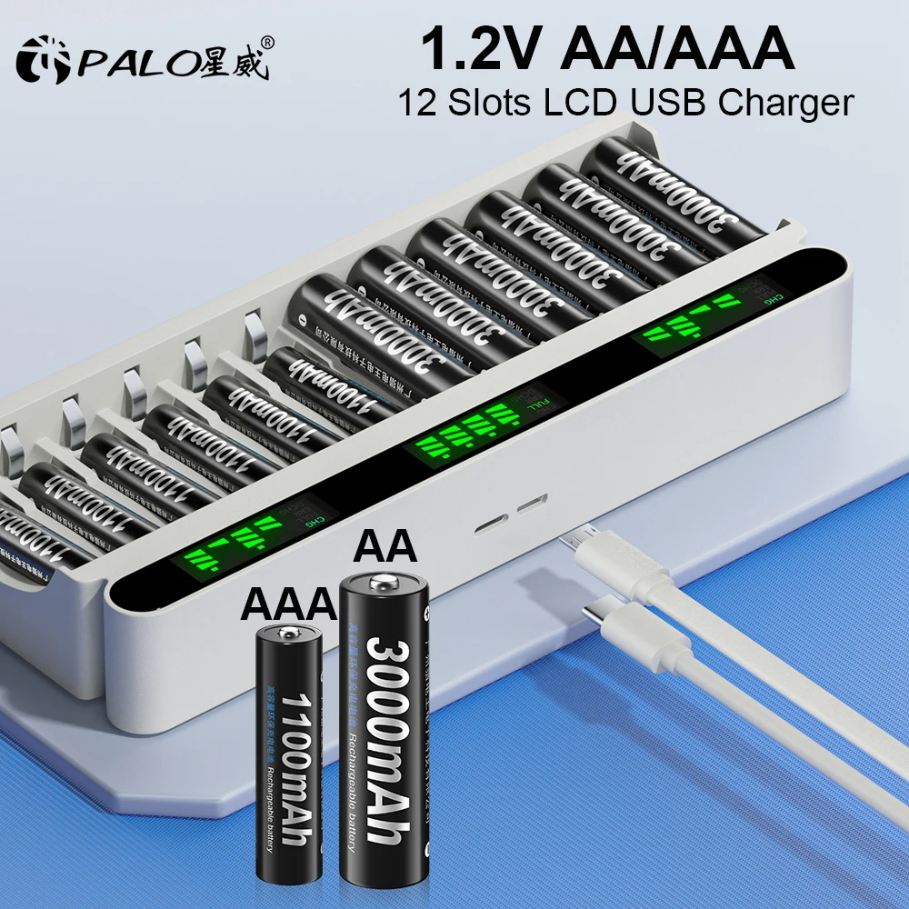 Фото Заряжаемый аккумулятор PALO 1.2V AA AA NIMH с 12 - слотовым LCD USB - зарядным устройством для батареи 1.2V AA AA AA №1