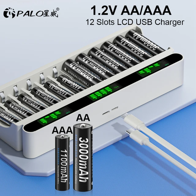 PALO 1.2V AA AAA NIMH Rechargeable Battery Batteries 2A 3A With 12 Slots LCD USB Fast Battery Charger for 1.2V AA AAA Battery 1