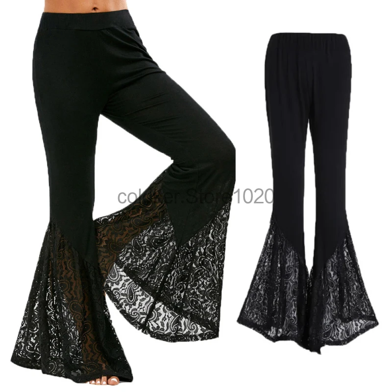 

2024 Women's Gothic Lace Flare Pants Black High Waisted Slim Lace Bandage Side Bellbottoms For Women Loose Punk Trousers