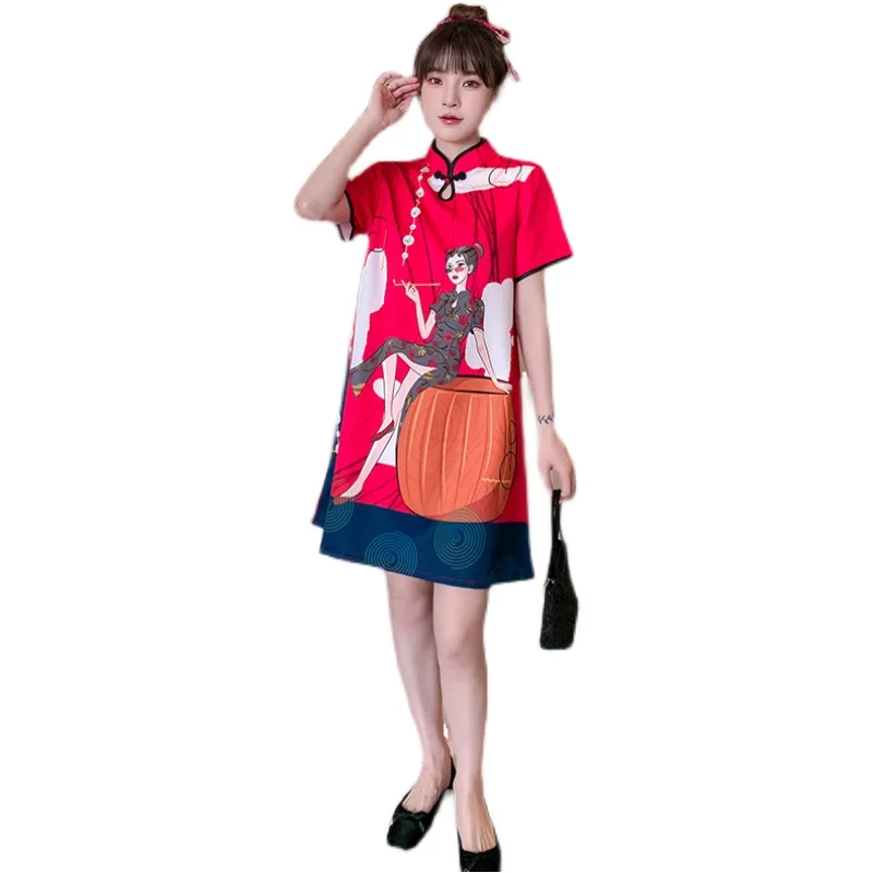 Chinese Style Dress for Women Summer Short Sleeve Loose Buckle Improved Cheongsam 2021 Young Modern Qipao Retro Dresses Female 5
