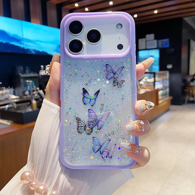 Glitter Butterfly Transparent Candy Color Epoxy Silicone Phone Case