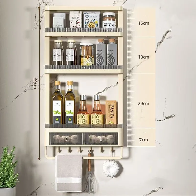 Wall Mounted Kitchen Organizer Shelf Spice Jars Seasoning Bottle Storage Rack With Tower Bar Hooks 4