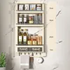 Wall Mounted Kitchen Organizer Shelf Spice Jars Seasoning Bottle Storage Rack With Tower Bar Hooks 4