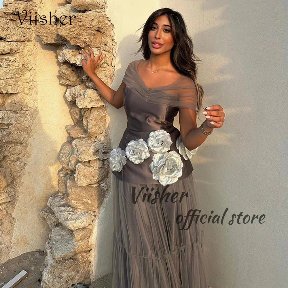 

Viisher Gray Meramid Evening Dresses Off Shoulder 3D Flower Arabic Dubai Formal Prom Dress Floor Length Evening Party Gowns