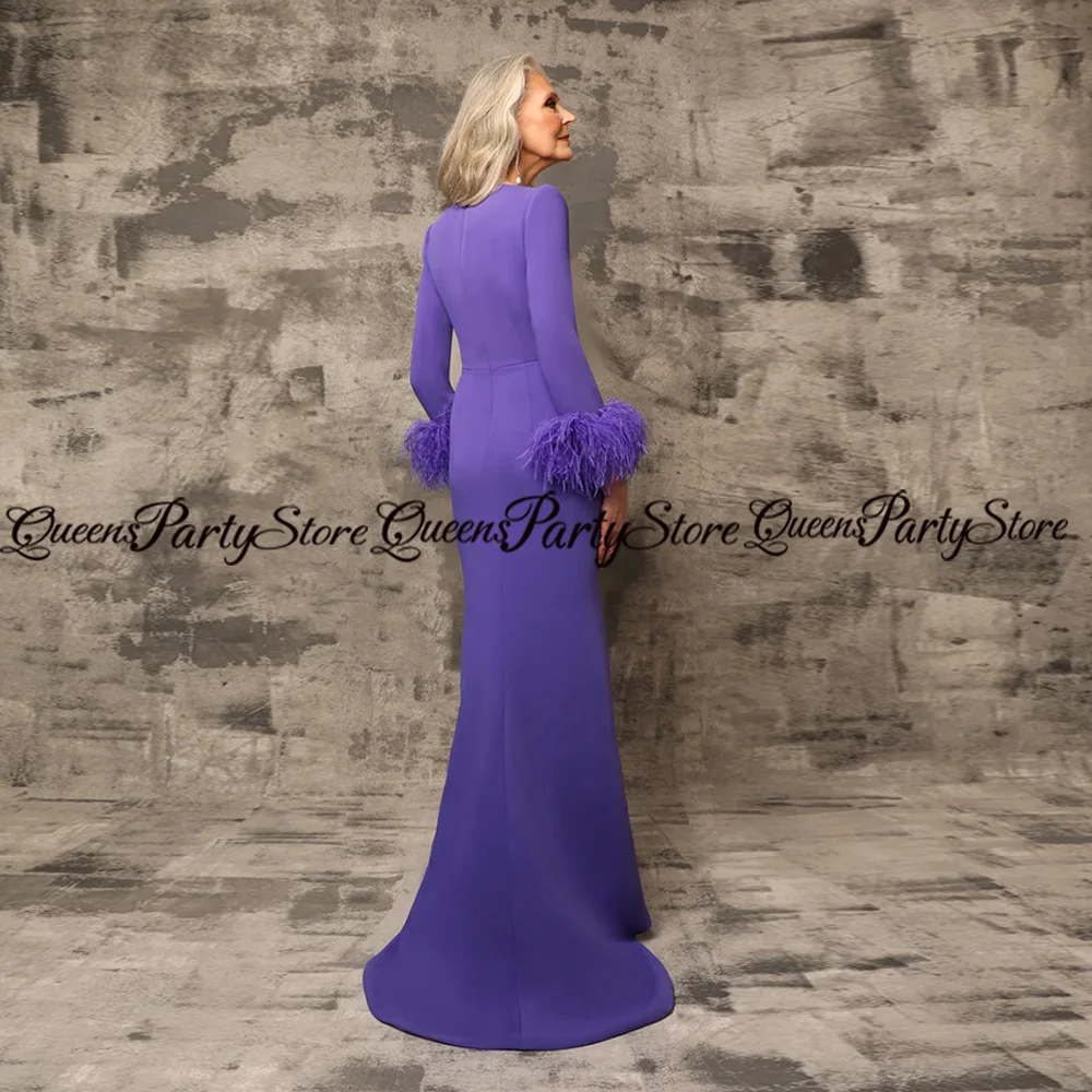 Lavender Mermaid Mother of The Groom Gown Customized Boat Neck Long Sleeve  Feathers Sweep Train Stretch Buttons Bride Dress - AliExpress 320