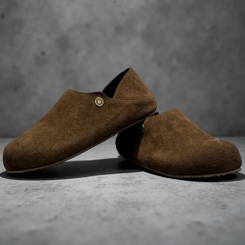 Retro Leather Surface Slip-On Women's Shoes round Toe Head Covered Spring New Korean Style Casual Slipper Rubber Sole