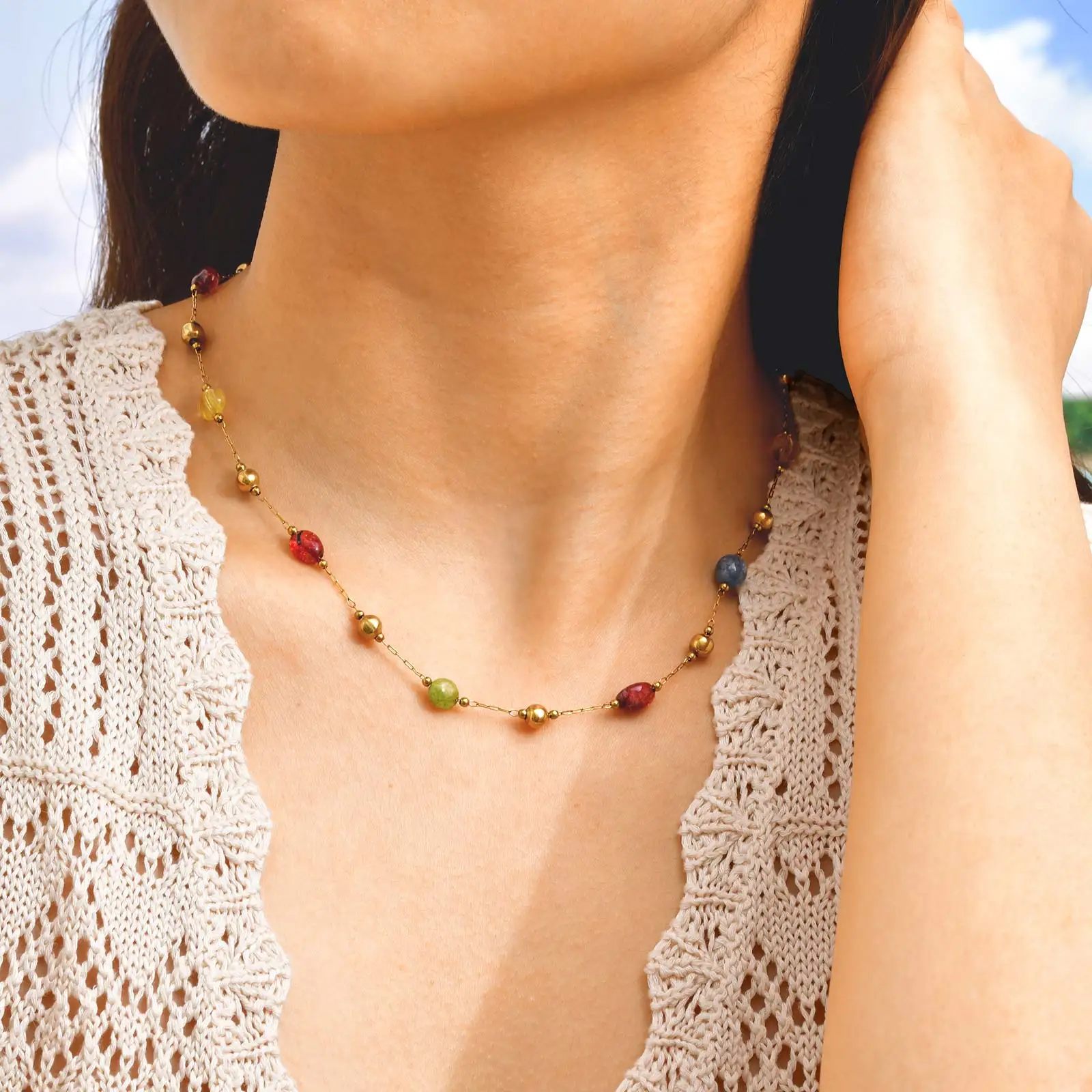 Mehrfarbige Regenbogen-Naturstein-Y-förmige Halskette für Frauen, Boho-Perlenkette aus Edelstahl, modischer Party-Schmuck – Detail 3