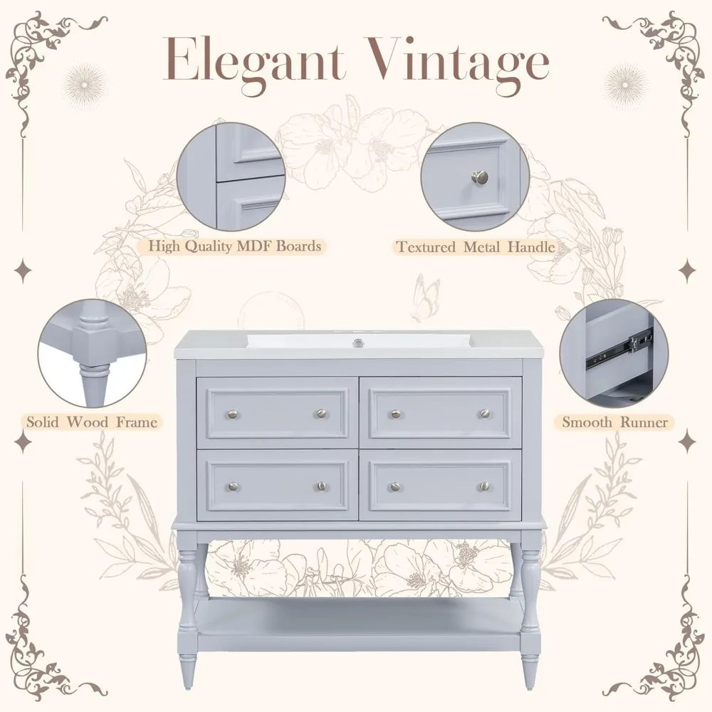36" Bathroom Vanity with Sink, Farmhouse Bathroom Vanity Storage Cabinet with 4 Drawers and Open Shelf, Solid Wood Frame 4