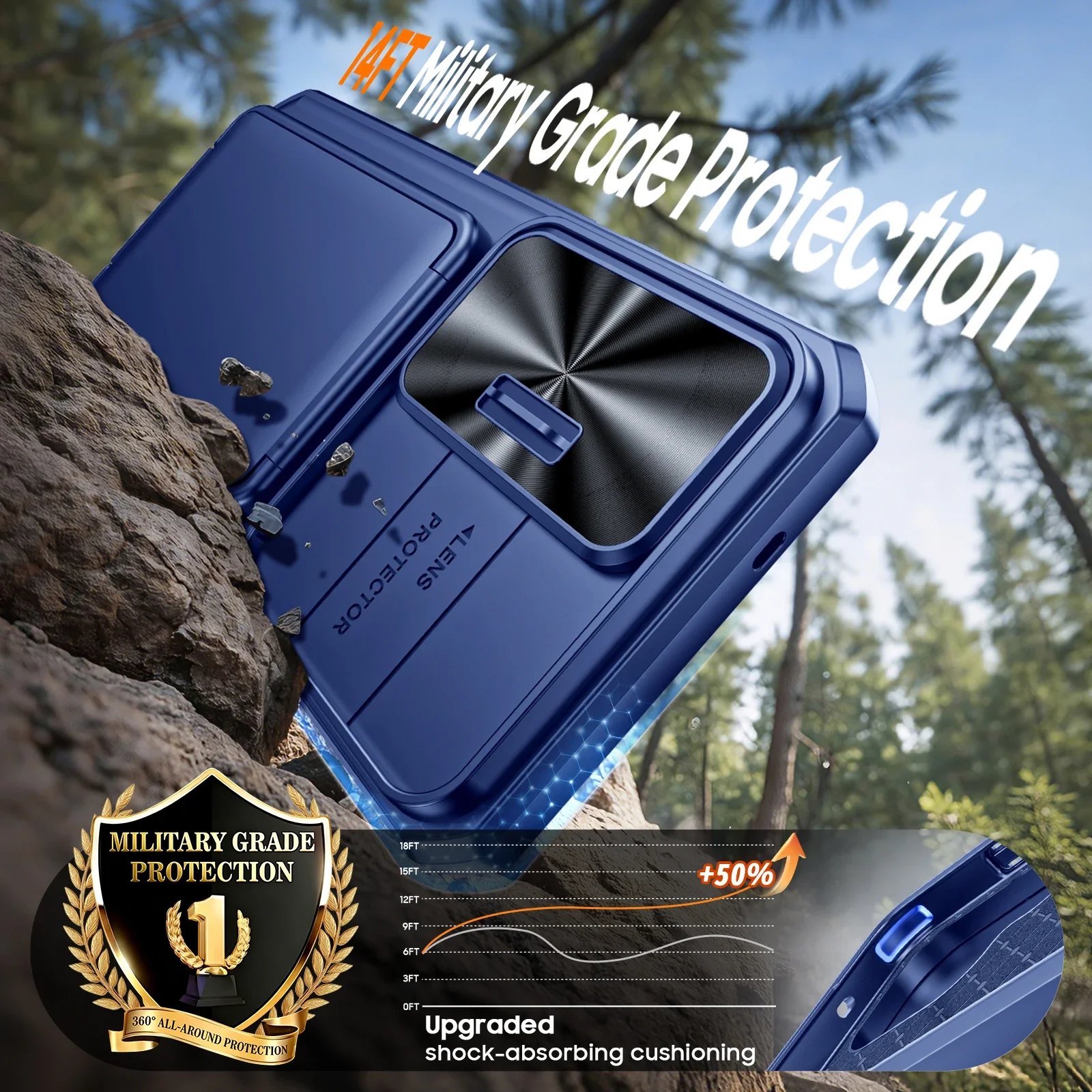 Blue Wallet Phone Case with Card Holder, Sliding Camera Cover, and Stand - Anti-Fall PC+TPU