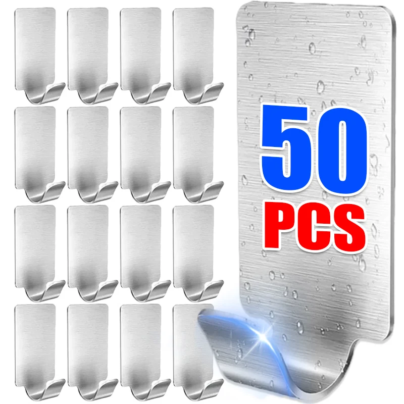 

50/1PCS Mini Self Adhesive Hook Stainless Steel Heavy Duty Wall Hanger Hooks Clothes Towel Key Storage Rack Household Organizer