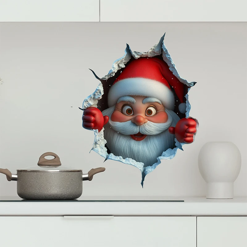 3D Christmas Sticker Cartoon Santa Claus Decal Sticker Creative Broken Wall Santa Claus Wall Stickers Home Decoration Stickers