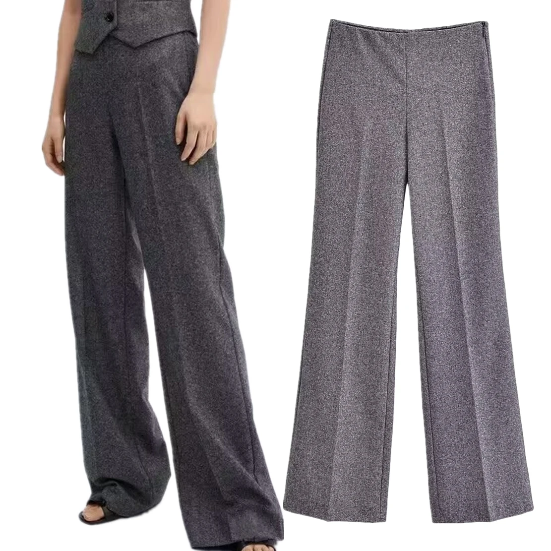 

Withered British Waisted Straight High Leg Casual Trousers Women Fashion Women's Gray Suit Pants