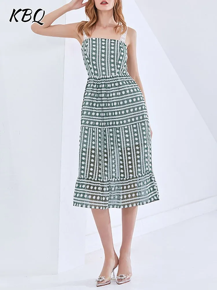 

KBQ Printing Camisole Dresses For Women Square Collar Sleeveless High Waist Embroidery Slimming Long Dress Female Fashion New