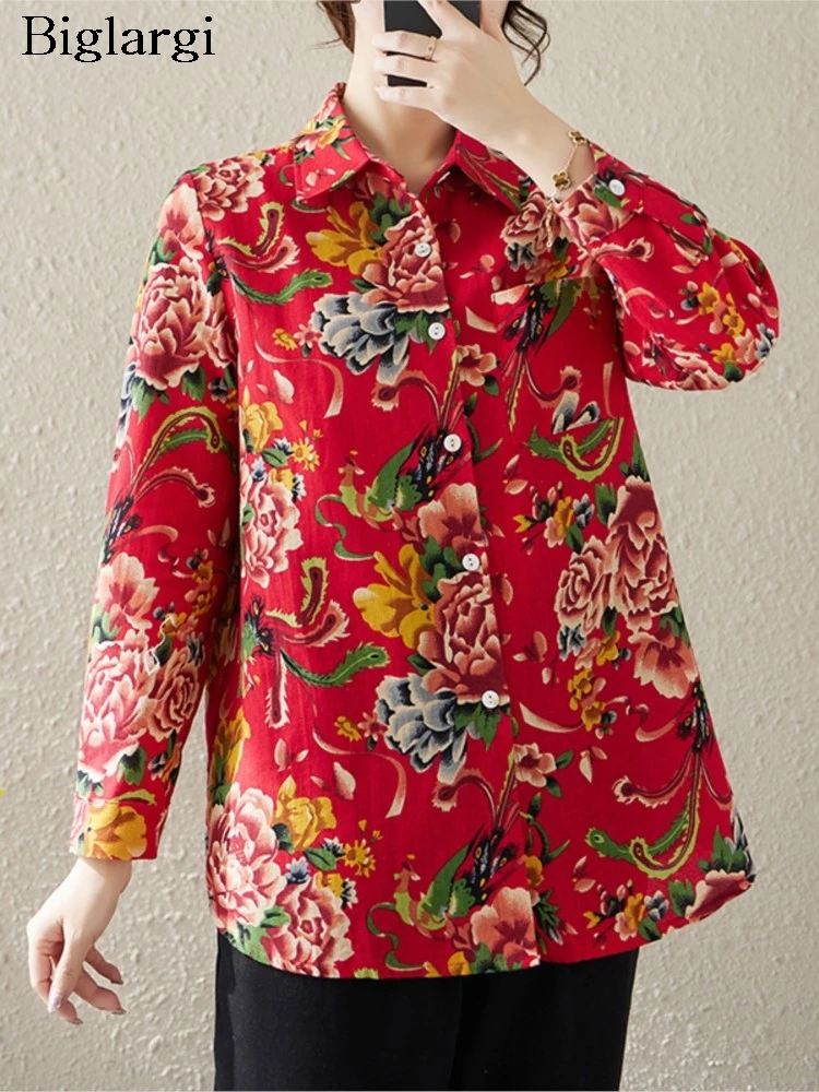 

Oversized Summer Ethnic Style Flower Print Shirts Tops Women Long Sleeve Fashion Ladies Blouses Loose Pleated Woman Shirt Tops