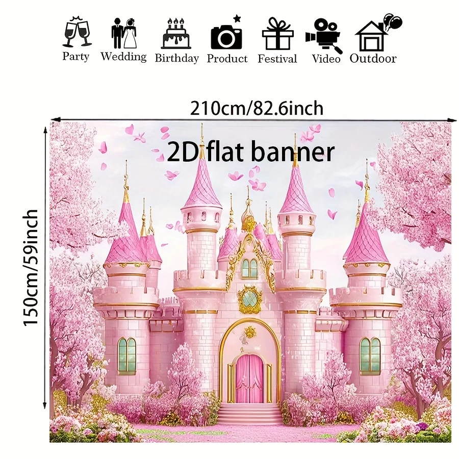 1 Stück, 2D flach, magischer rosa Prinzessinnenschloss-Fotohintergrund – mythische Kirschblüten-Partydekoration, Heimdekoration – Detail 5