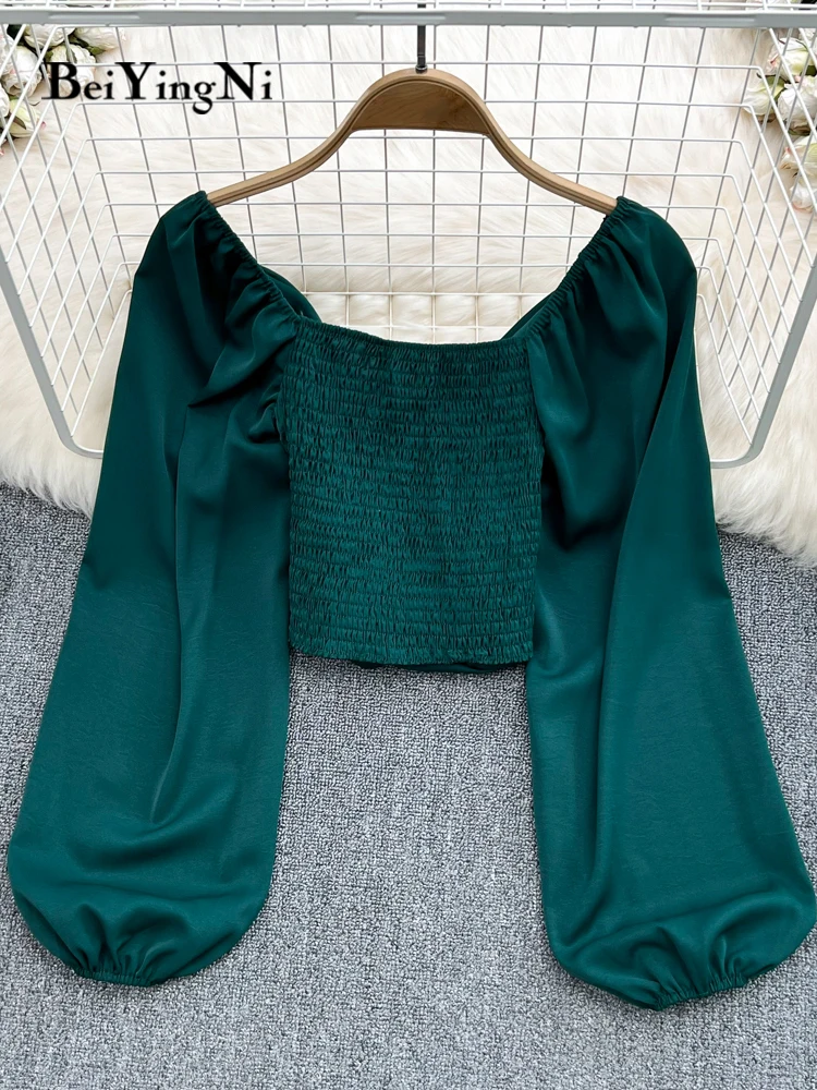 Beiyingni 2022 Spring Summer V-neck Blusas Women Plain Sexy Elastic Long Puff Sleeve Blouses Ladies Chic Ruched Crop Tops Female