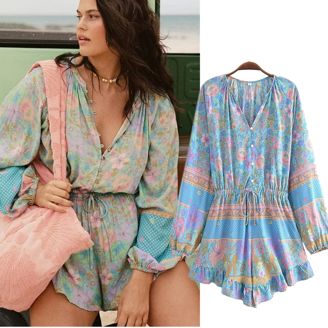 

Maxdutti Indie Folk Floral Printing Cotton V-neck Women Ruffles Collect Wasit Cotton Bohemian Style Playsuits Rompers