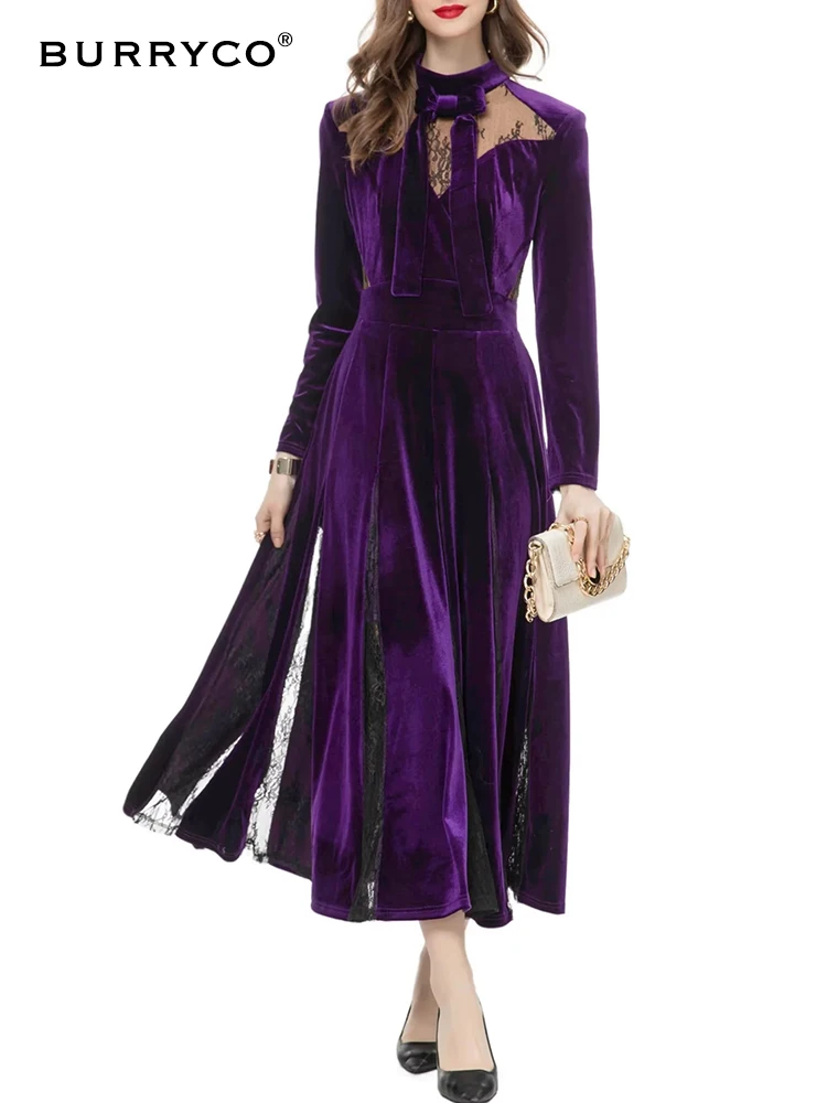 

BURRYCO Women's New 2023 Autumn Luxury Bow Velvet Spliced Large Hem Dress