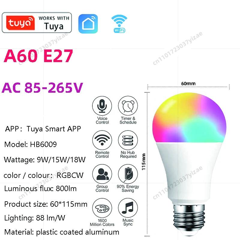Tuya WiFi A60 E27 Smart LED Light Bulbs 85-265V Wide Voltage App/Alexa/Google Control Colors Music Sync No Hub Needed