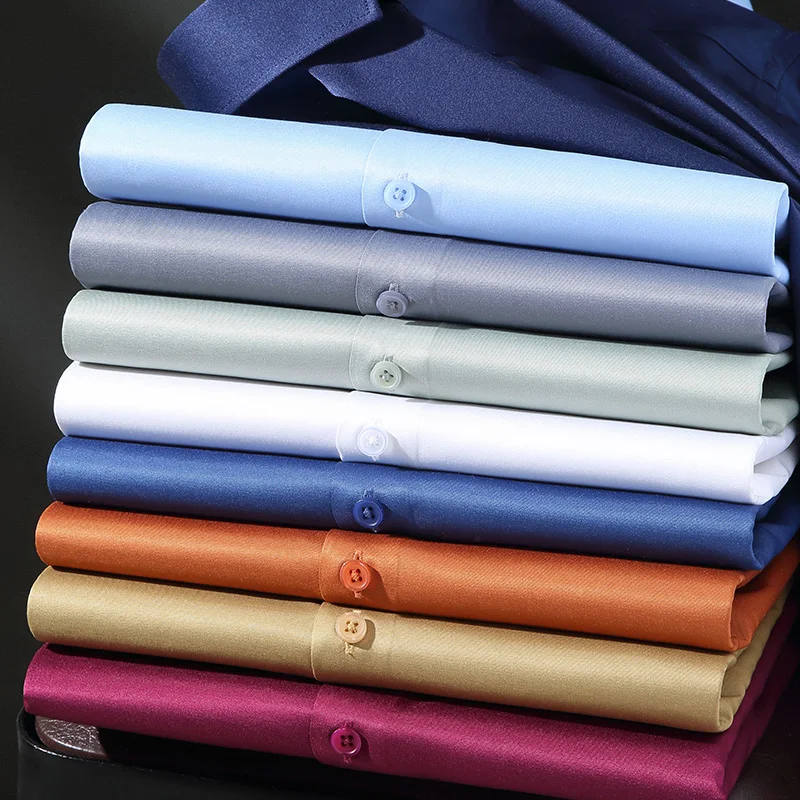 

Autumn Winter Long Sleeve Elastic Male Formal Solid Regular Fit Business Men Dress Shirts without Front Pocket Stretch