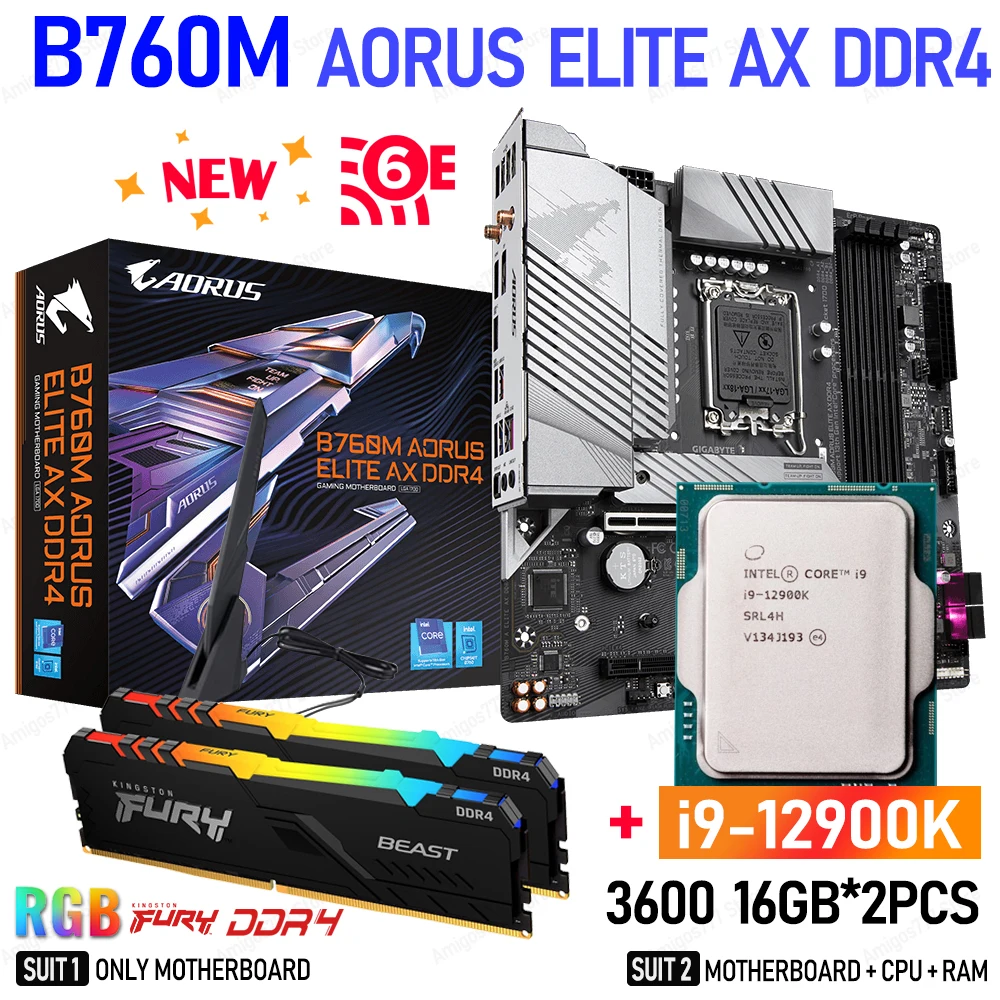

Intel i9 12900K + GIGABYTE B760M AORUS ELITE AX DDR4 Wi-Fi 6E Motherboard CPU RAM Combo 3600MHz 16GB*2PCS RGB Memory PCIE 4 New