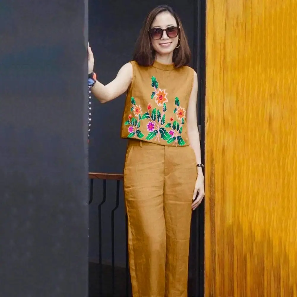 

Elegant T-shirt Pants Set Round Neck Summer T-shirt Pants Set Loose Long Pants Women Tank Top Trousers Set Daily Wear