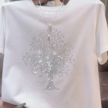 2025 Women's Round Neck Diamonds Printed  T-shirts Summer New Fashion Commute Cotton Solid  Loose Short Sleeve Casual Tops 1