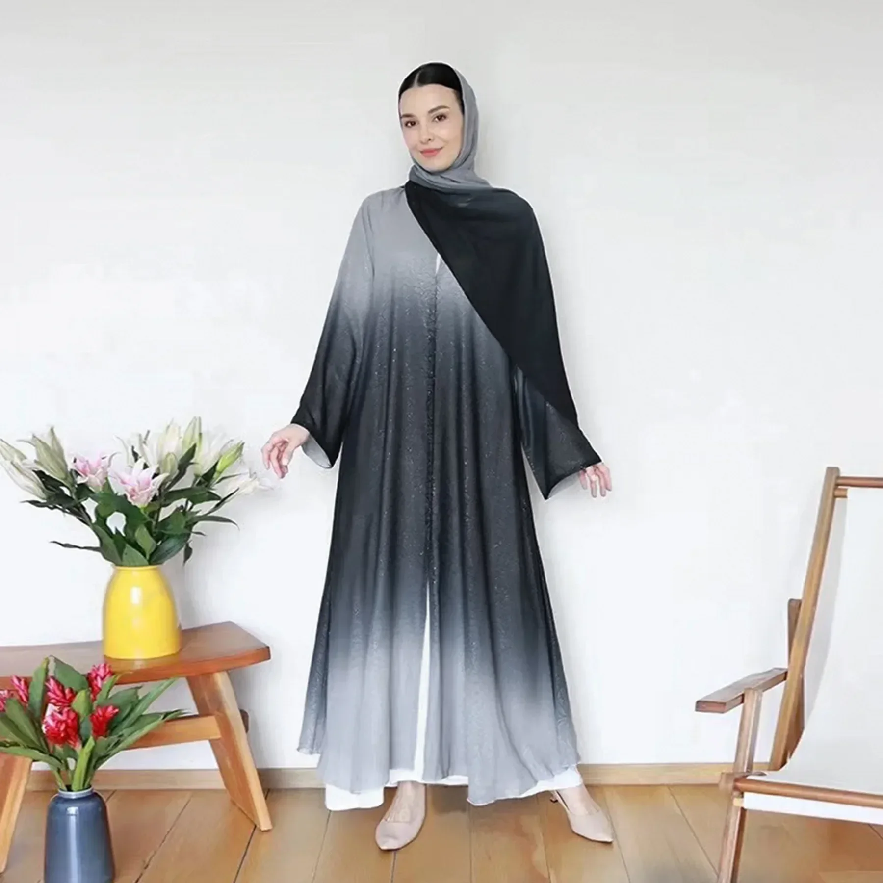 Ombre Gradient Glitter Chiffon Open Abaya Dress with Matching Hijab Islamic  Clothing for Muslim Women Abayas Dubai Luxury Kimono - AliExpress 200000345