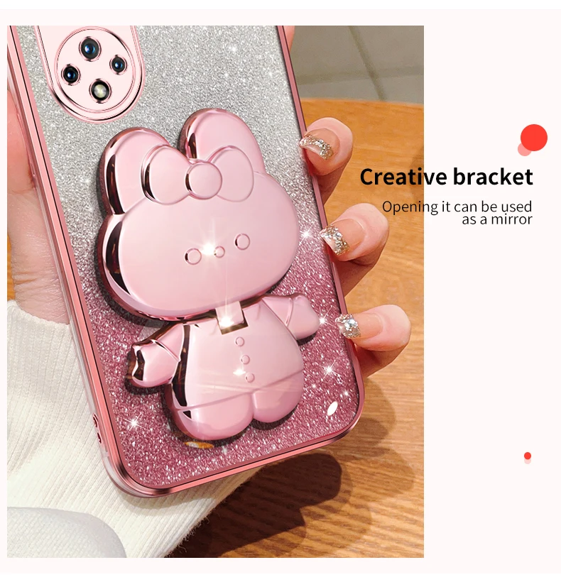 Honor50 Glitter Rabbit Makeup Mirror Holder Case On For Huawei Honor 60 50 90 30 20 Lite 30s Soft Cover Nova 10 11 Pro_voghion.com