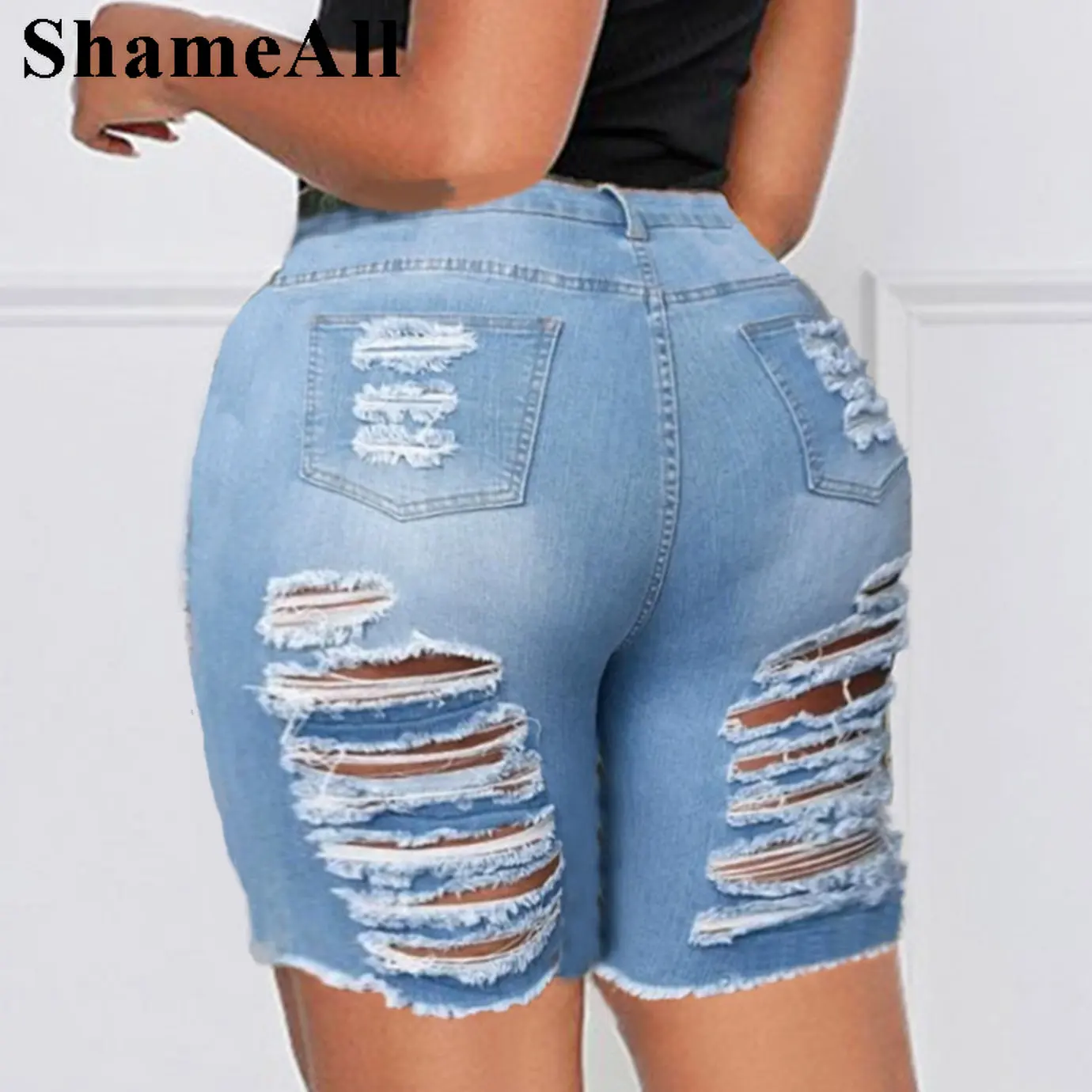 

Женские рваные джинсы с вырезами, летние сексуальные обтягивающие джинсовые брюки до колена с высокой талией