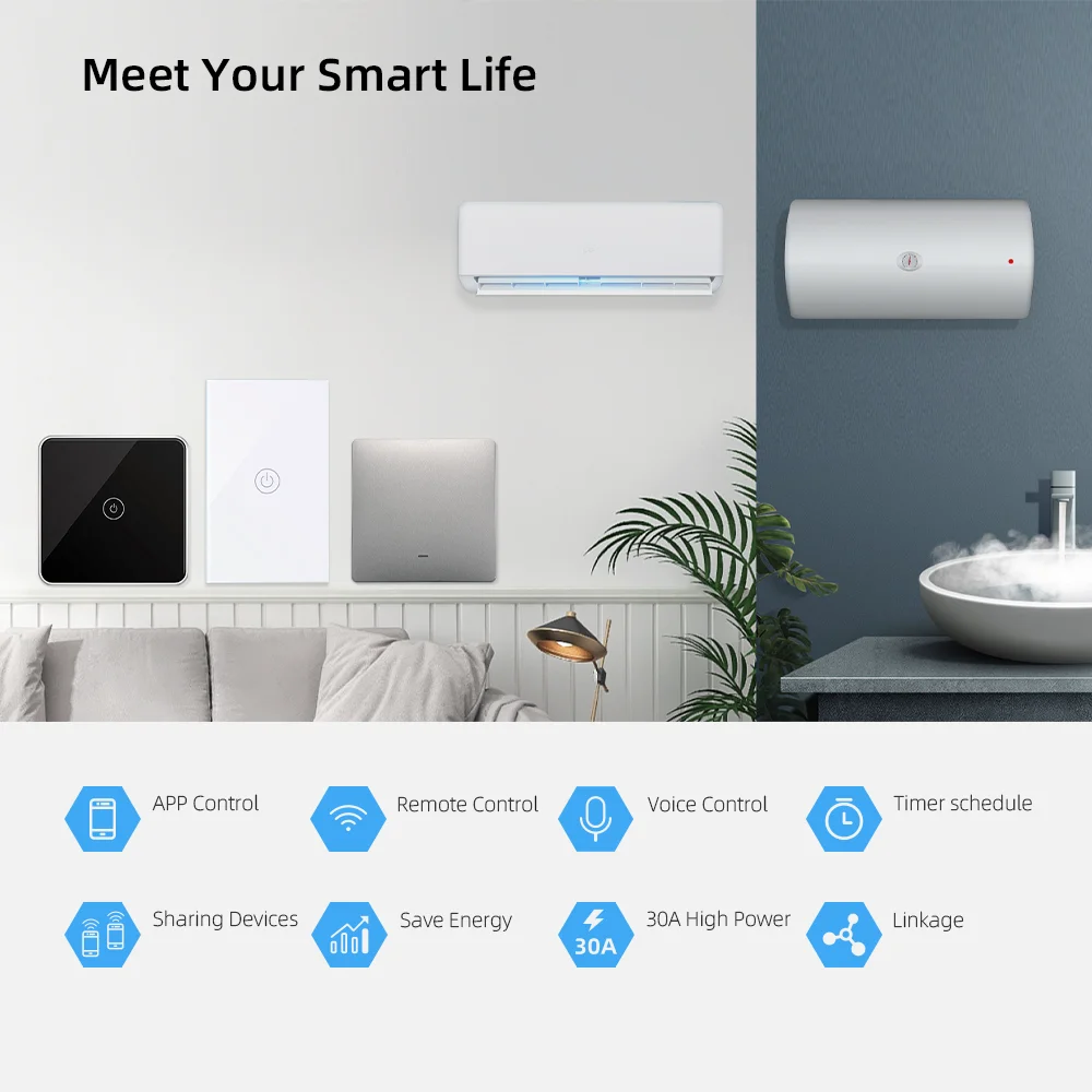 Heater Switch Remote Control Wifi Water Heater Timer Tuya WiFi 30A 6600W  Smart Wall Switch For, image size:1000x1000