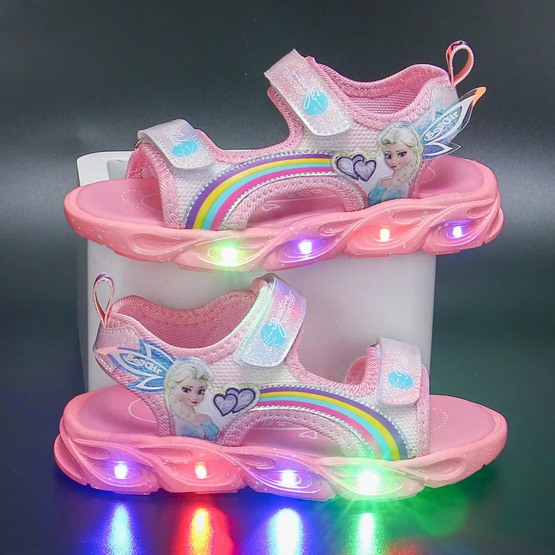 Disney Frozen Cartoon LED Light Up Sandals Elsa Princess Girls Shoes Fashion Light Kids Sandals Summer 2022 Shoe Child Girl