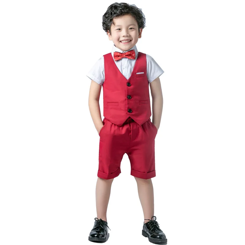 

Kids Summer Vest Shirt Short Bowtie Wedding Dress Teenager Suit Children Graduation Costume Boys Formal Birthday Photograph Suit