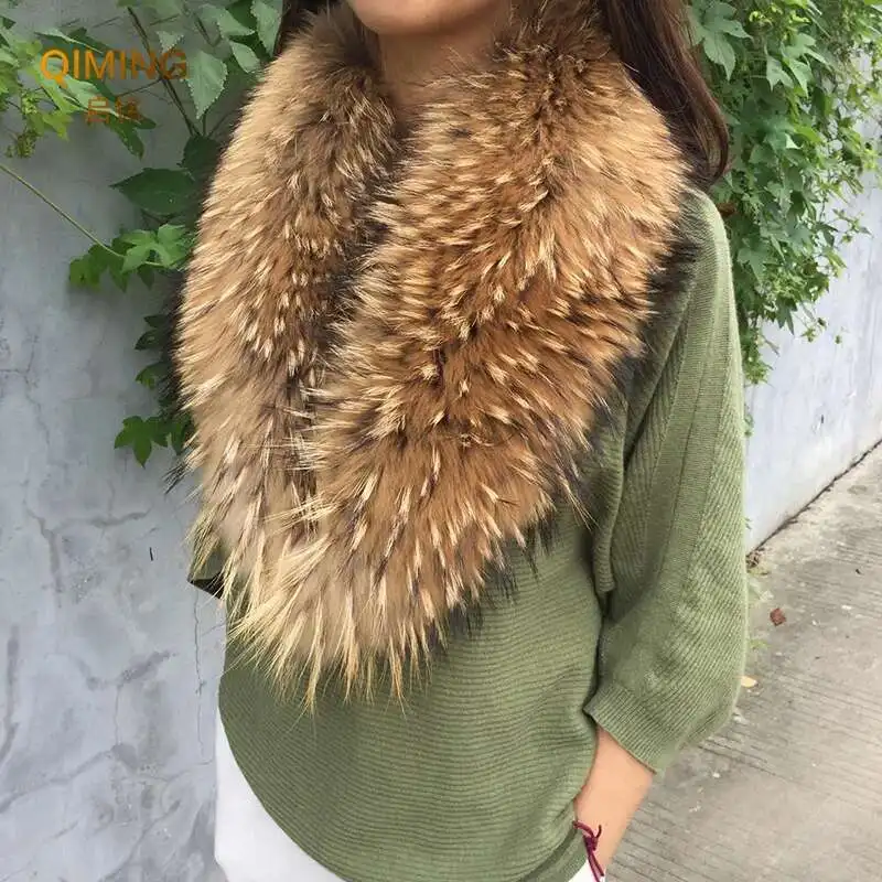Real Fur Collar Furry Raccoon Fur Scarf Ring Winter Neck Warmer Women Men Jackets Hood Shawl Wraps Fluffy Warm Long Scarf fur scarf