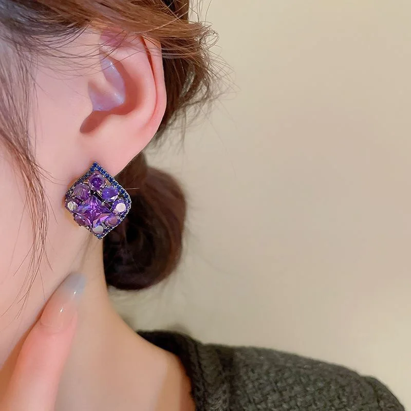Fashion Trend Unique Design Elegant Delicate Light Luxury Purple Zircon Rhombus Earrings For Women Jewelry Party Premium Gift