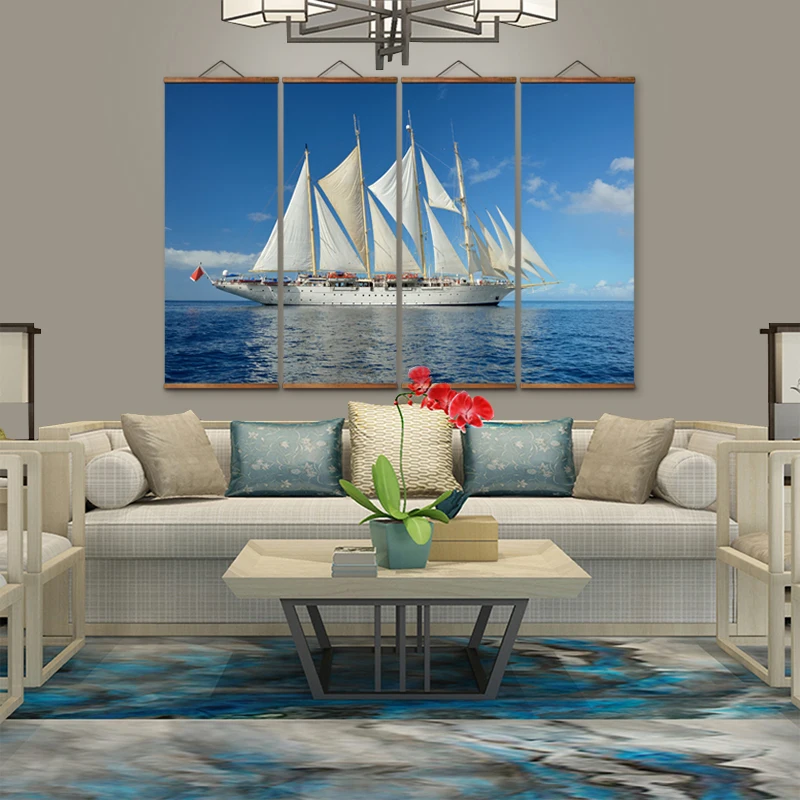 

Декоративные настенные постеры MT0104 в китайском стиле с изображением парусника на море, художественные картины на холсте из прочной древесины