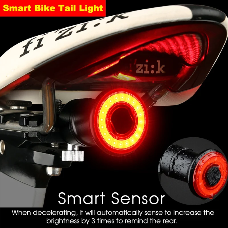Bike Tail Light Rechargeable Bike Brake Light with Intelligent Brake Sensor 5 Modes Cycling Taillight IPX6 Waterproof Multifunctional Safety Warning Light 