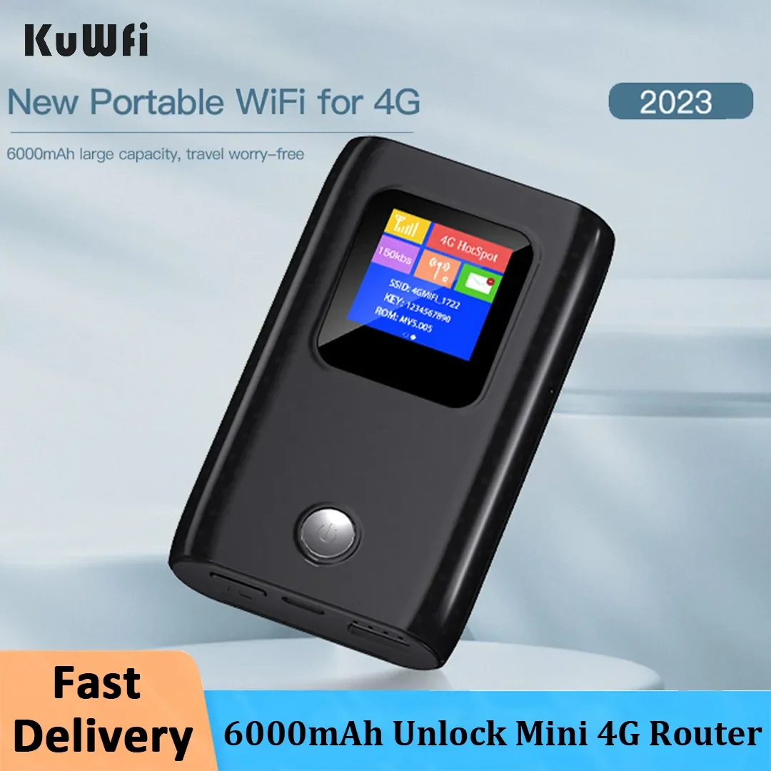 KuWfi 4G Lte 와이파이 라우터, SIM 카드 슬롯 미니 휴대용 라우터, 무선 야외 포켓 와이파이 핫스팟, 6000mAh, 3G, 150Mbps