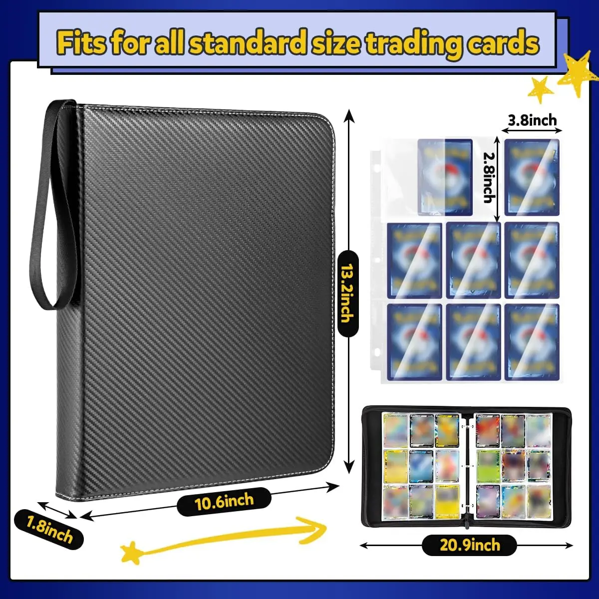 900 Pockets Card Binder Sleeves with Zipper, Double Sided Pockets Card Holder Carry Card Case for TCG CCG Card Storage(Black) 3