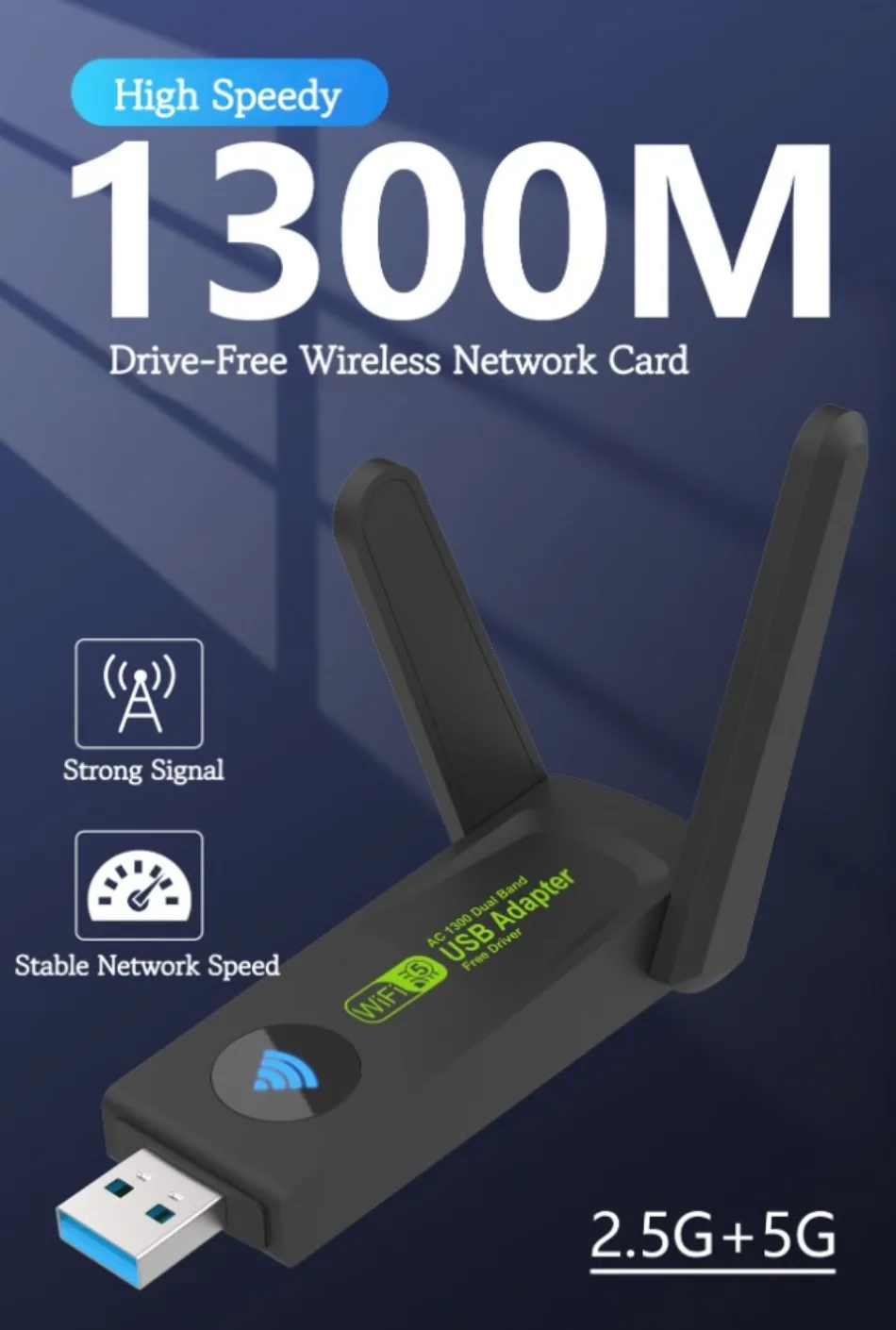Adaptador Usb de Banda Dupla 1300mbps 2.4g 5ghz Dongle Wifi 802.11ac Poderosa Antena Receptor sem Fio para pc Driver Portátil Livre - Imagem 2